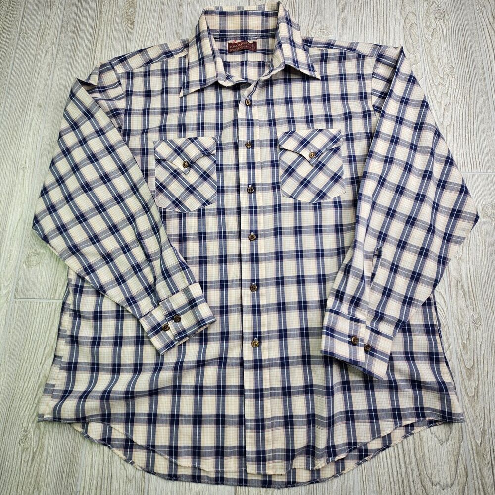 Vintage Kingsport Plaid Button Up Shirt Mens XL Blue And Tan - Picture 2 of 6